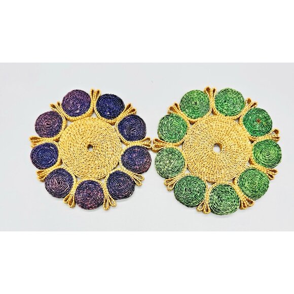 Rafia Woven Colorful Trivets Boho Style Decor Set of 2 1970s Purple Green 7 inch - Picture 2 of 5
